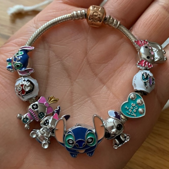Retired Pandora Rose Clasp Bracelet Barrel Clasp w 9 Disney Lilo & Stitch Charms - Picture 2 of 11